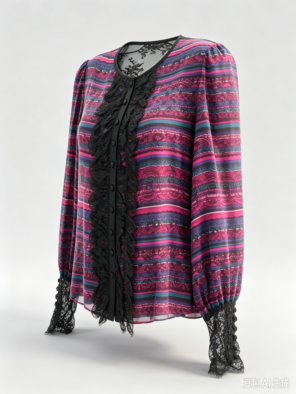 Nanette Lepore Striped Pink & Black Lace-Trim Blouse